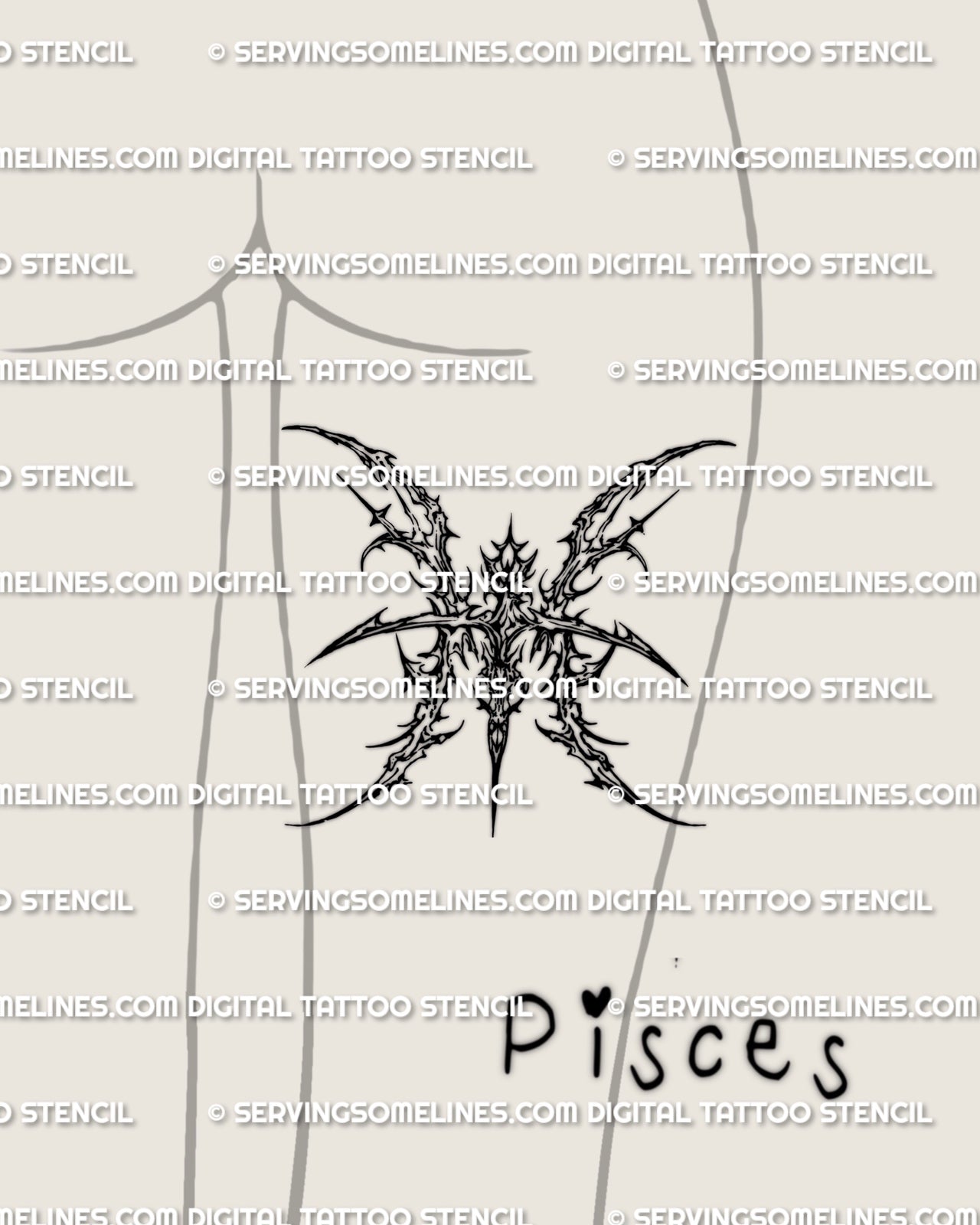 Pisces tattoo stencil shown on feminine back of thigh placement example, mirrored cybersigilism glyph symbol.
