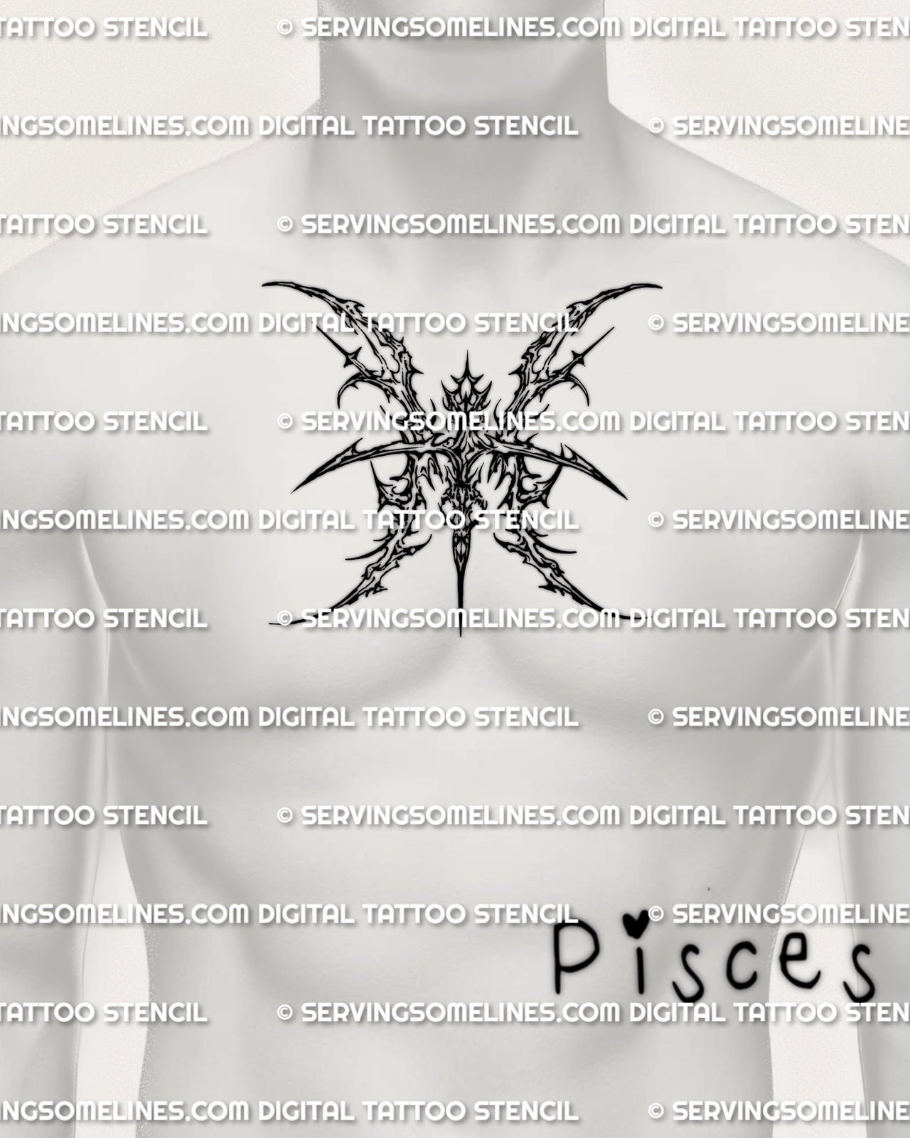 Cybersigilism Pisces tattoo stencil placed on men’s chest center example, mirrored zodiac glyph symbol.