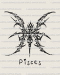 Cybersigilism Pisces tattoo stencil download with mirrored Pisces glyph linework, sharp strokes and clean negative space.
