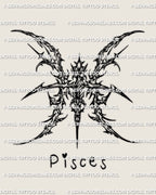 Cybersigilism Pisces tattoo stencil download with mirrored Pisces glyph linework, sharp strokes and clean negative space.