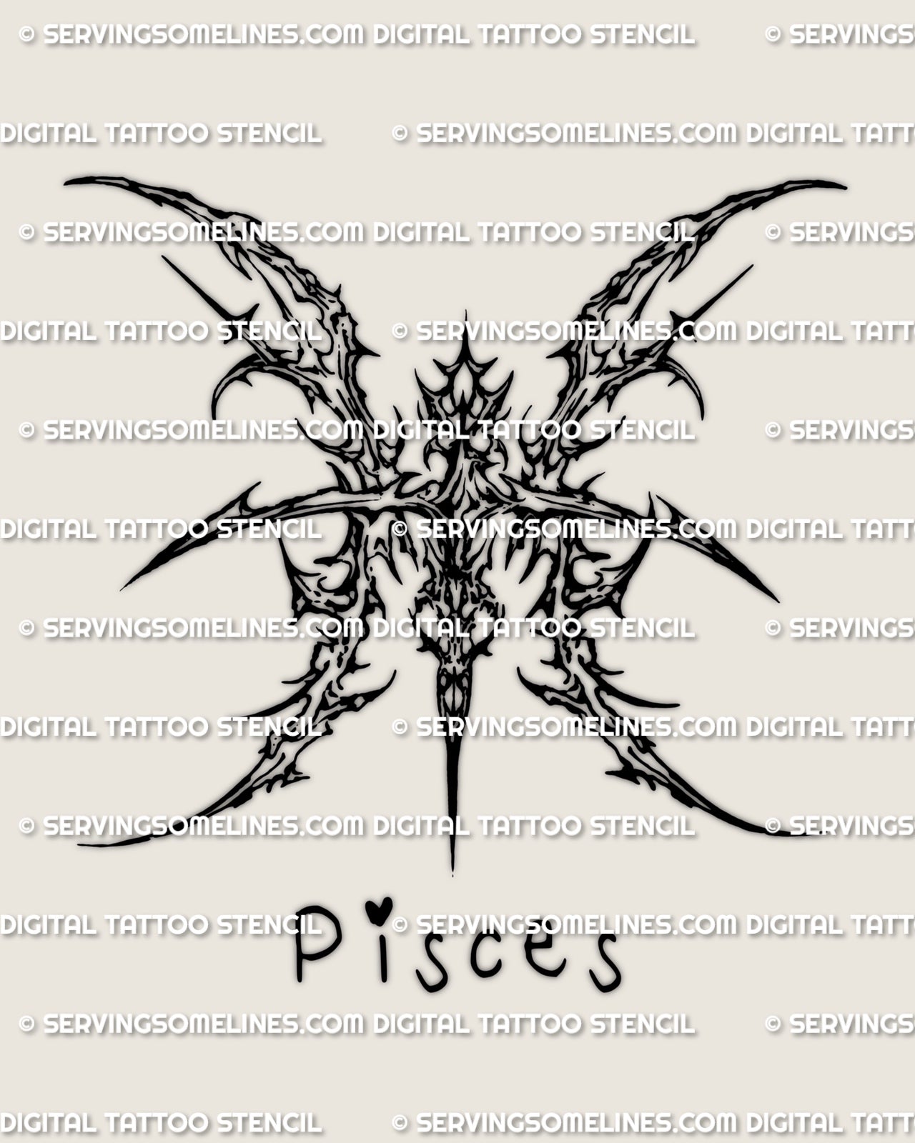 Cybersigilism Pisces tattoo stencil download with mirrored Pisces glyph linework, sharp strokes and clean negative space.