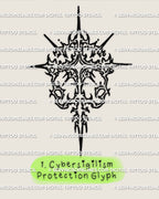 Protection glyph tattoo stencil in cybersigilism style with a guarded ornamental symbol design