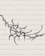 Cybersigilism rib cage tattoo stencil with heart shapes and abstract spiky linework, drawn as curved ornamental side torso design