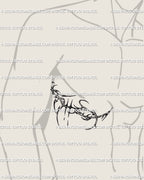 Men’s side rib tattoo shown in cybersigilism thorn style, bold abstract spikes curving with ribcage anatomy, black digital tattoo stencil. 