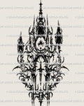 Cybersigilism ritual sigil tattoo stencil design with crowned top, thorned side details, and dark blackwork structure.