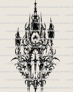 Cybersigilism ritual sigil tattoo stencil design with crowned top, thorned side details, and dark blackwork structure.