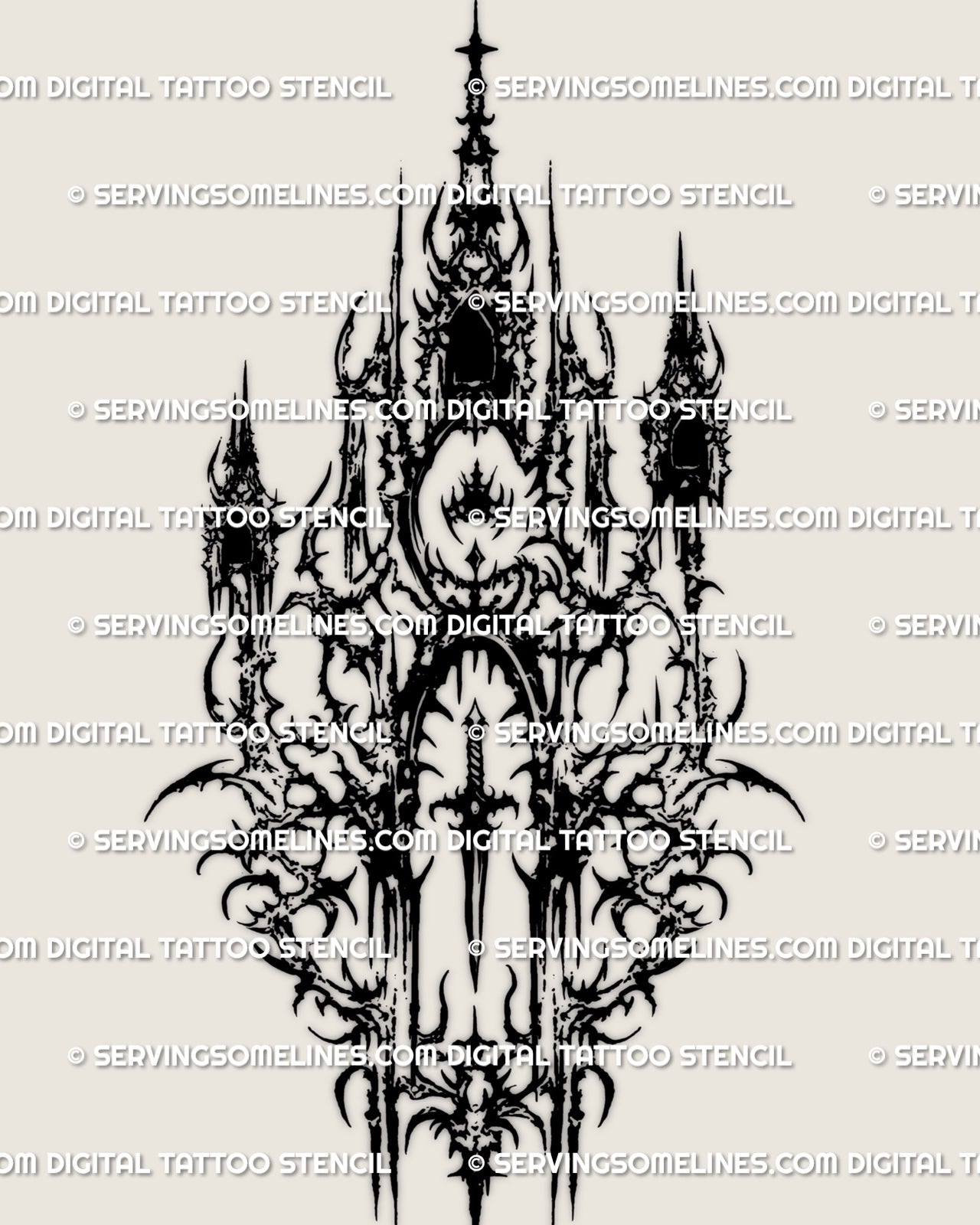 Cybersigilism ritual sigil tattoo stencil design with crowned top, thorned side details, and dark blackwork structure.