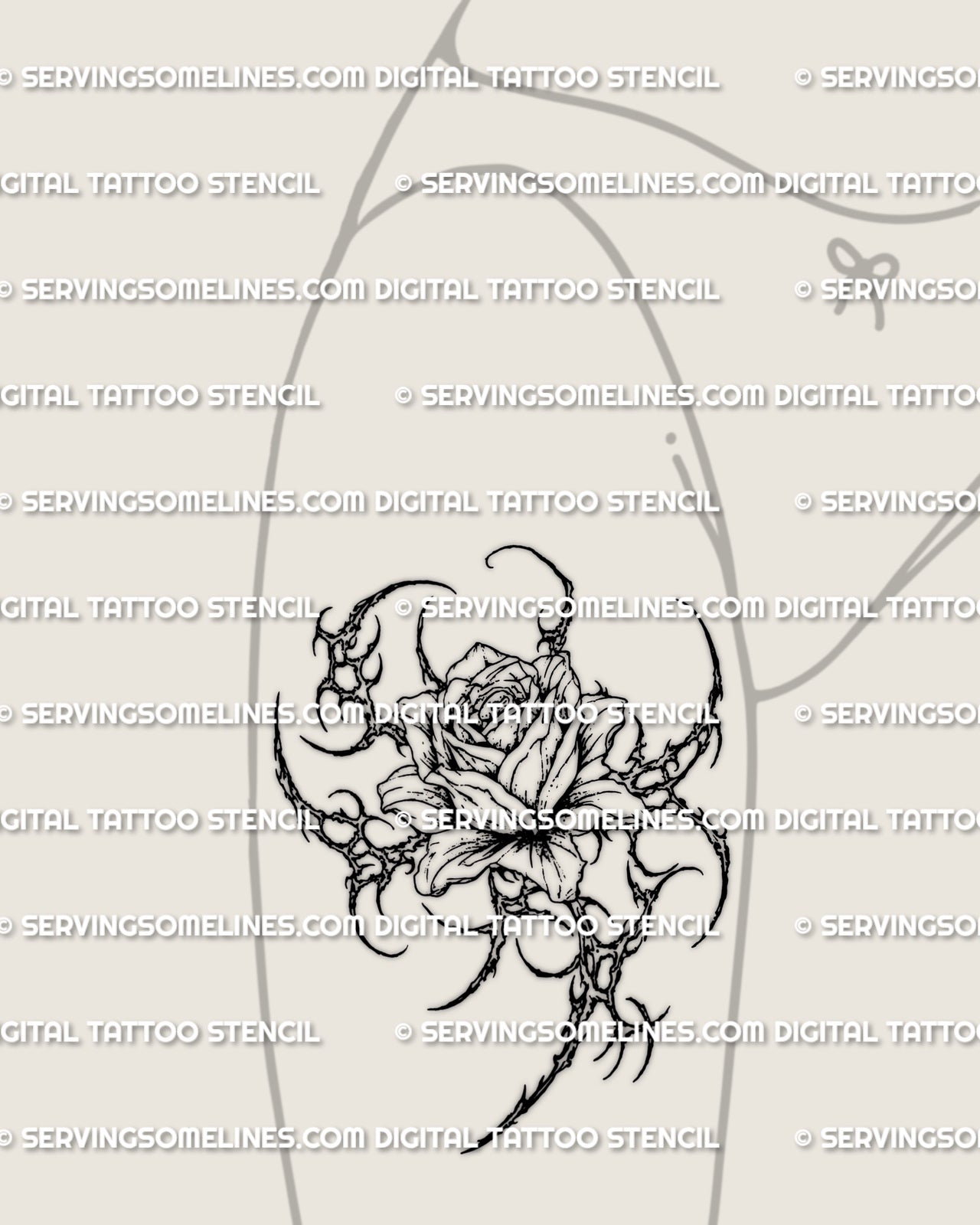 Cybersigilism rose bloom tattoo shown on thigh placement with a centered flower head and sharp ornamental cyber flow
