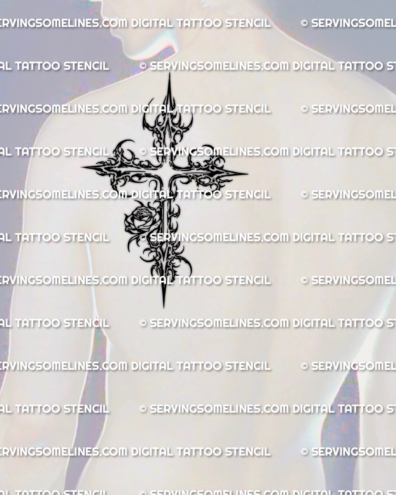 Cybersigilism rose cross tattoo shown on men’s back shoulder placement with a clear vertical cross and cyber-styled rose detail
