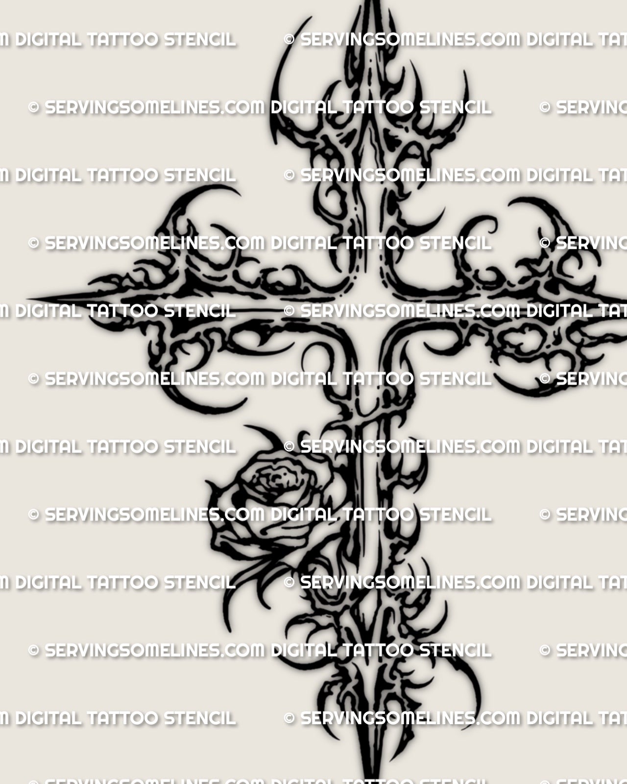 Cybersigilism rose cross tattoo stencil design with a vertical cyber cross structure and rose detail