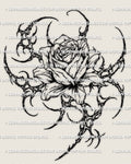 Cybersigilism rose head tattoo stencil design with a single bloom, sharp cyber framing, and compact ornamental structure