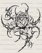 Cybersigilism rose head tattoo stencil design with a single bloom, sharp cyber framing, and compact ornamental structure