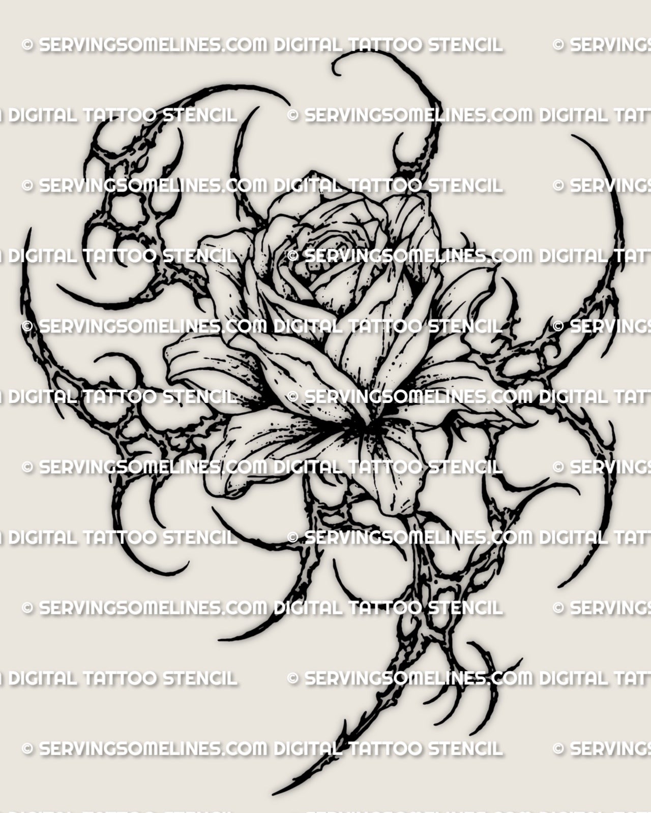 Cybersigilism rose head tattoo stencil design with a single bloom, sharp cyber framing, and compact ornamental structure