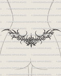 Female lower back placement preview of a cybersigilism rose tattoo stencil with a centered rose and hooked cyber frame