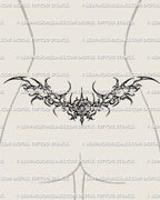 Female lower back placement preview of a cybersigilism rose tattoo stencil with a centered rose and hooked cyber frame