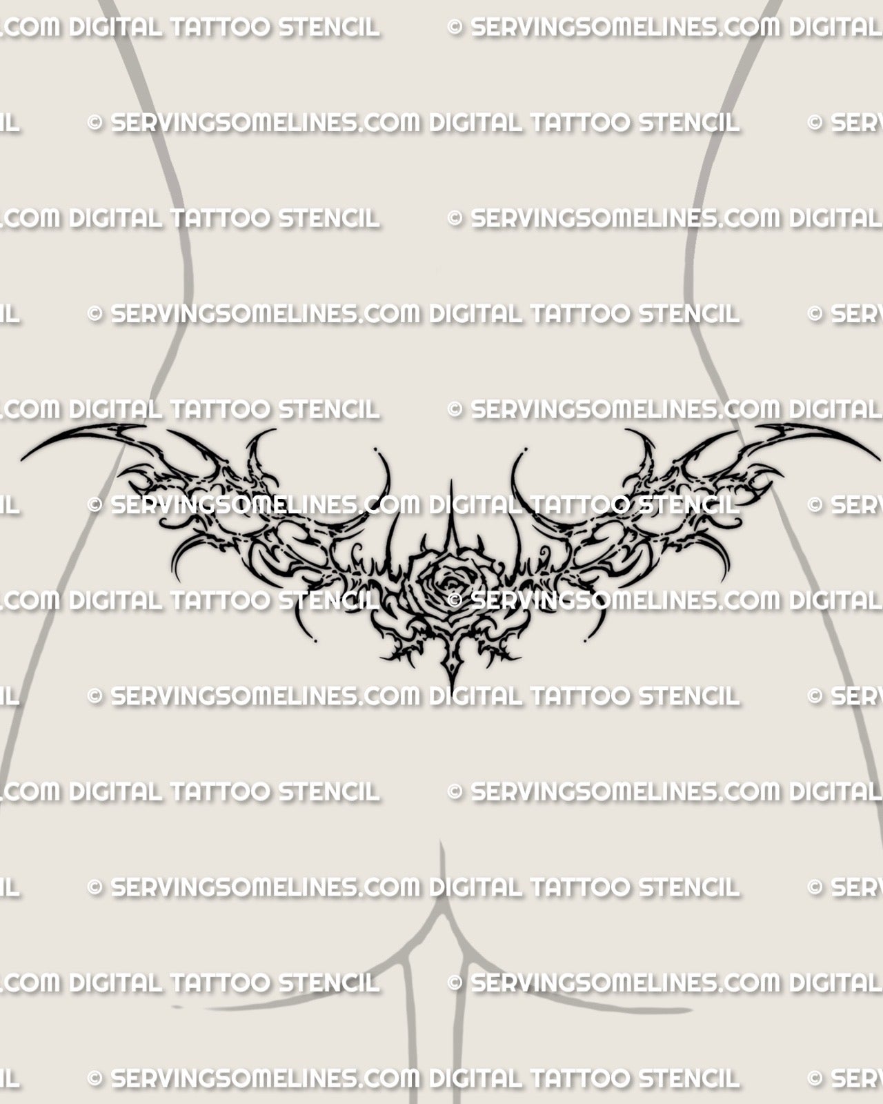 Female lower back placement preview of a cybersigilism rose tattoo stencil with a centered rose and hooked cyber frame
