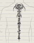 Cybersigilism rose spine tattoo mockup shown on men’s back with a long centered floral design and spine-built flow