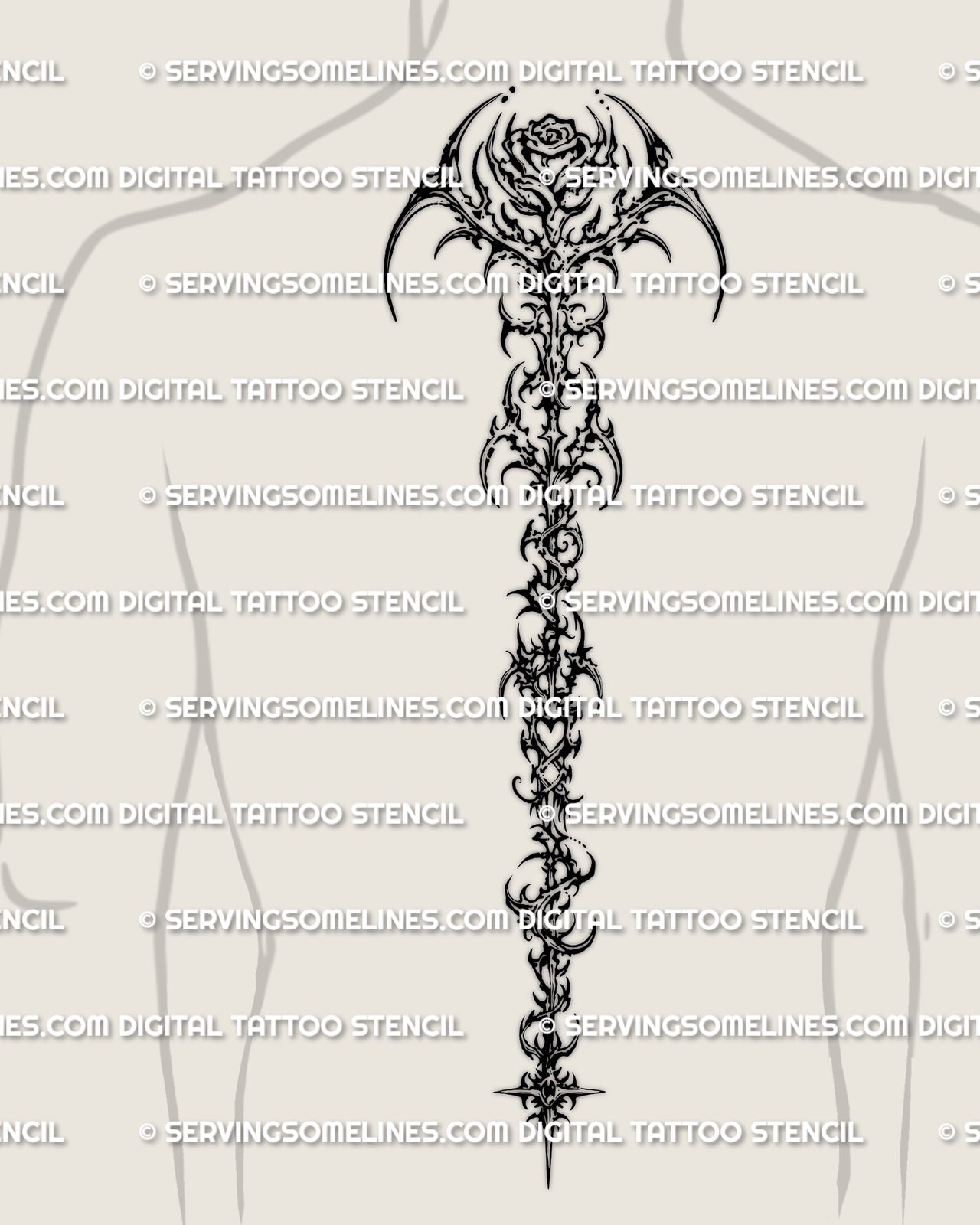 Cybersigilism rose spine tattoo mockup shown on men’s back with a long centered floral design and spine-built flow