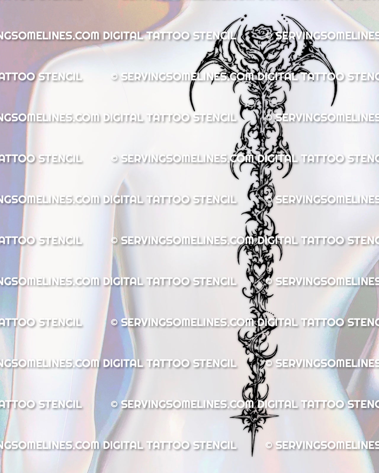 Cybersigilism rose spine tattoo shown on women’s back placement with a clear bloom and long vertical floral structure