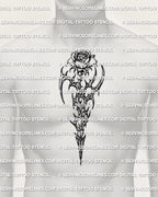 Cybersigilism rose tattoo stencil displayed on mens center chest placement example, vertical alignment.