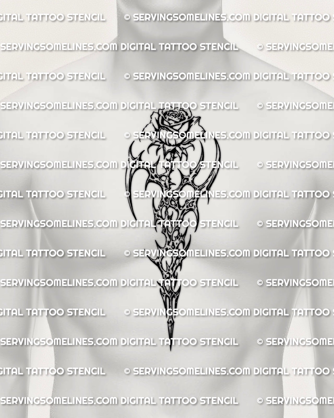 Cybersigilism rose tattoo stencil displayed on mens center chest placement example, vertical alignment.