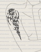 Cybersigilism rose tattoo stencil displayed on womens upper arm placement example, standard size.