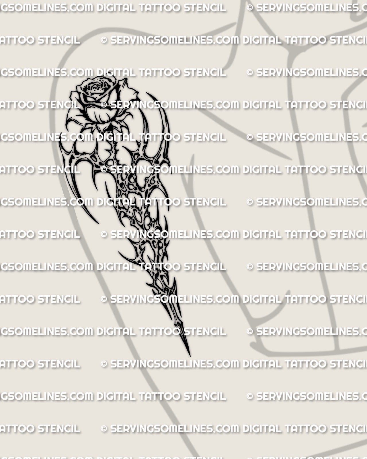 Cybersigilism rose tattoo stencil displayed on womens upper arm placement example, standard size.