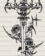 Close detail of cybersigilism rose sword tattoo showing the cyber hilt, thorned rose accents, and sharp blade structure