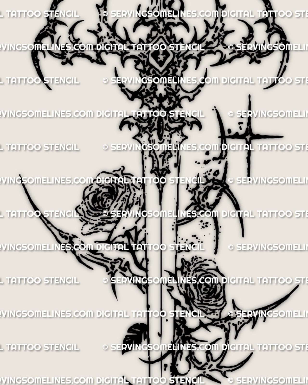 Close detail of cybersigilism rose sword tattoo showing the cyber hilt, thorned rose accents, and sharp blade structure