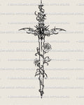 cybersigilism rose sword tattoo design with gemstone handle and thorn details, cyber gothic dagger artwork shown as clean stencil layout
