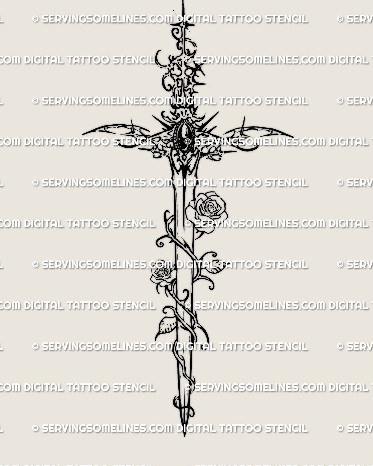 cybersigilism rose sword tattoo design with gemstone handle and thorn details, cyber gothic dagger artwork shown as clean stencil layout