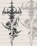 Cybersigilism rose sword tattoo stencil design with a sharp vertical blade, thorned rose details, and gothic cyber structure