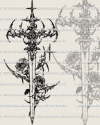 Cybersigilism rose sword tattoo stencil design with a sharp vertical blade, thorned rose details, and gothic cyber structure