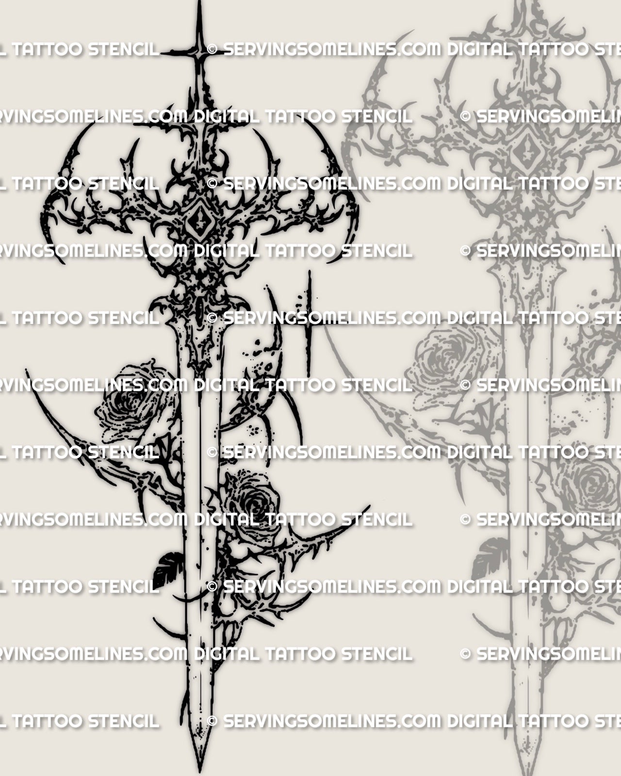 Cybersigilism rose sword tattoo stencil design with a sharp vertical blade, thorned rose details, and gothic cyber structure