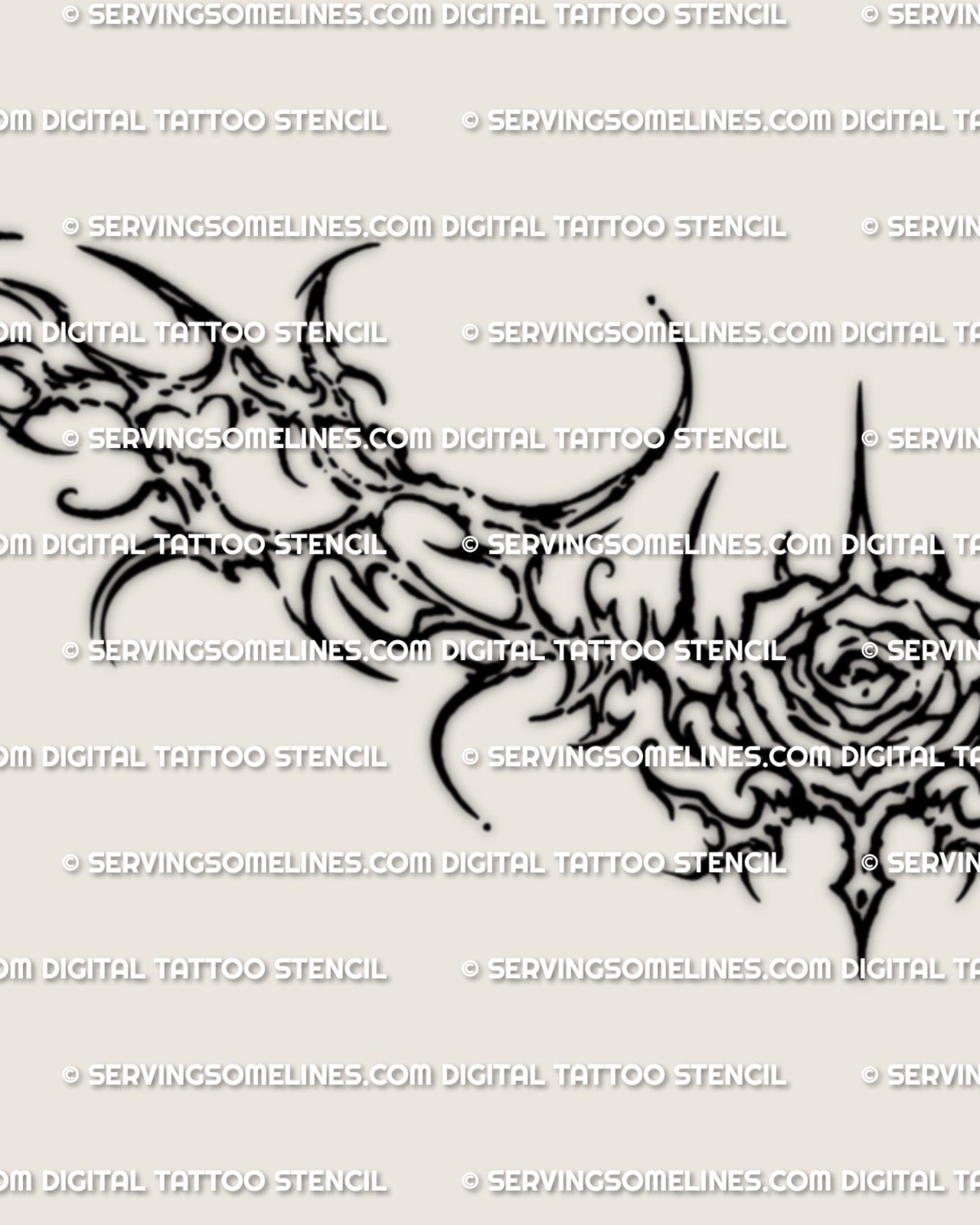 Close detail of a cybersigilism rose tattoo stencil showing the rose center and hooked cyber side structure