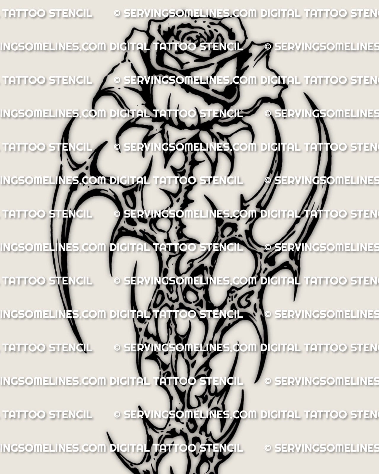 Cybersigilism rose tattoo stencil close up preview showing bloom outline and thorned stem detail.