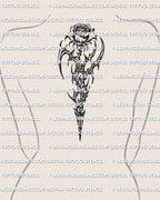 Cybersigilism rose tattoo stencil displayed on feminine spine placement example, vertical flow.
