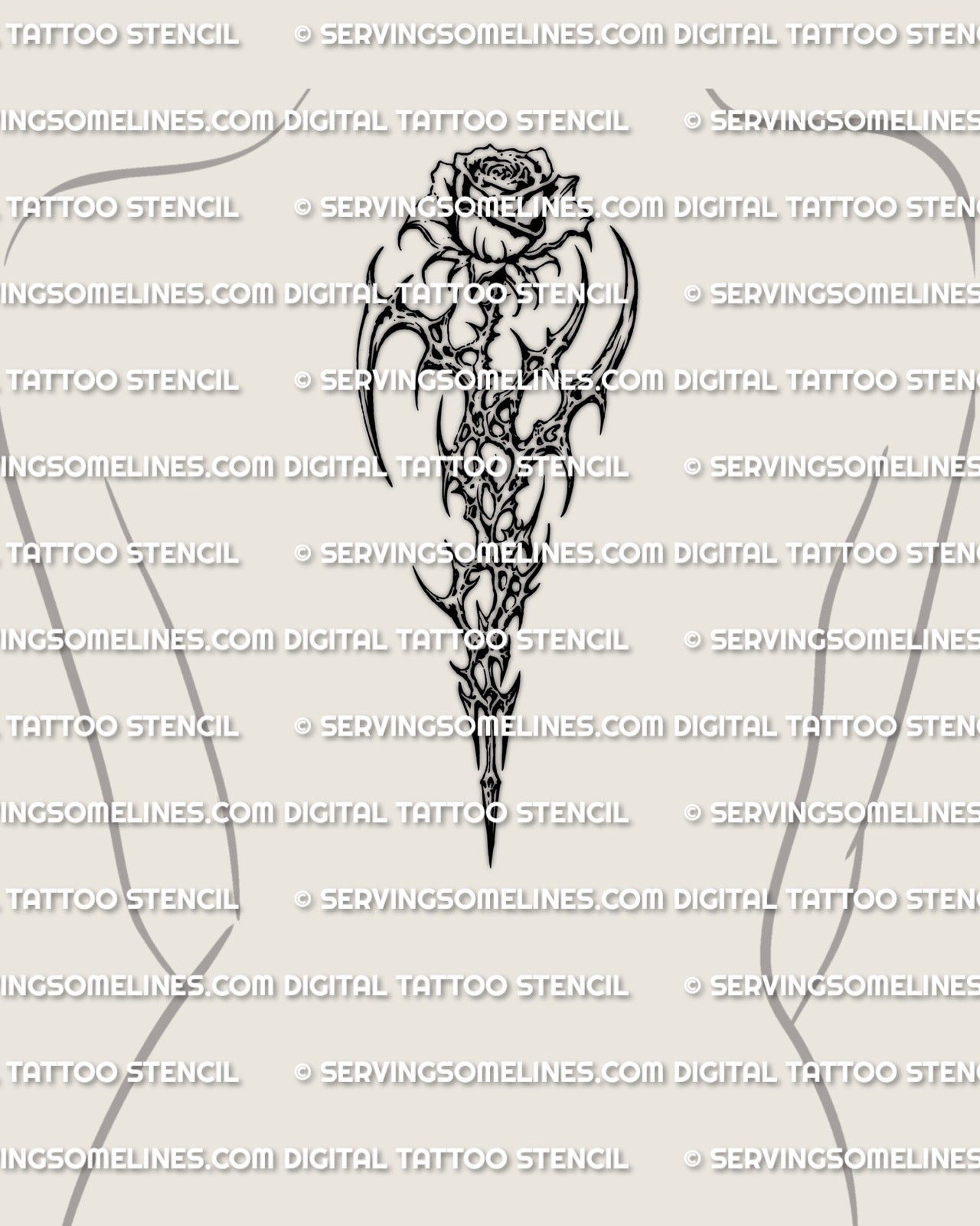 Cybersigilism rose tattoo stencil displayed on feminine spine placement example, vertical flow.