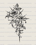 Cybersigilism rose tattoo stencil with thorned gothic floral linework and cybertribal rose detailing, digital tattoo design.