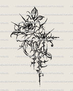 Cybersigilism rose tattoo stencil with thorned gothic floral linework and cybertribal rose detailing, digital tattoo design.