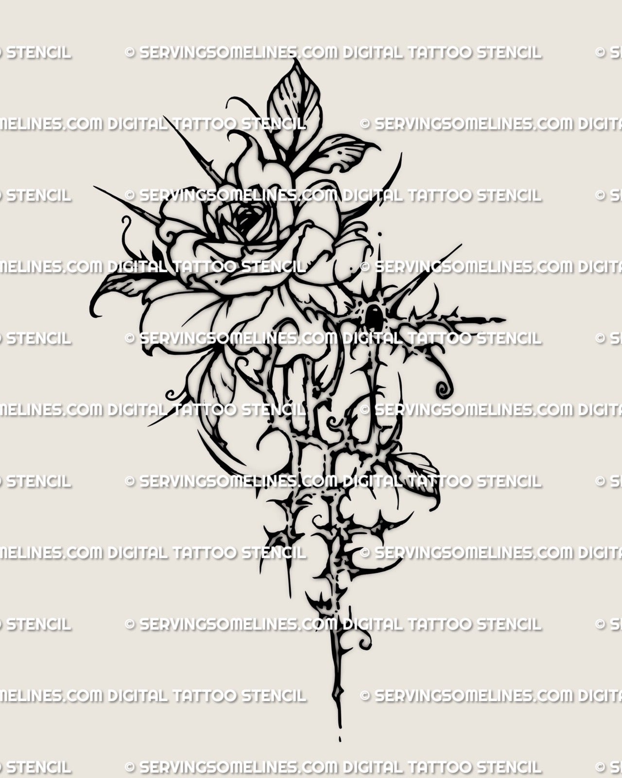 Cybersigilism rose tattoo stencil with thorned gothic floral linework and cybertribal rose detailing, digital tattoo design.
