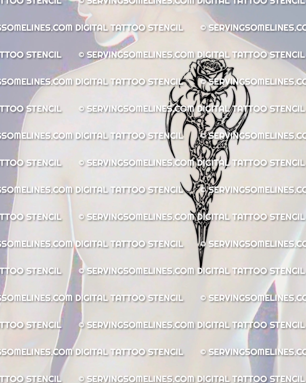 Cybersigilism rose tattoo stencil displayed on mens upper back spine placement example.