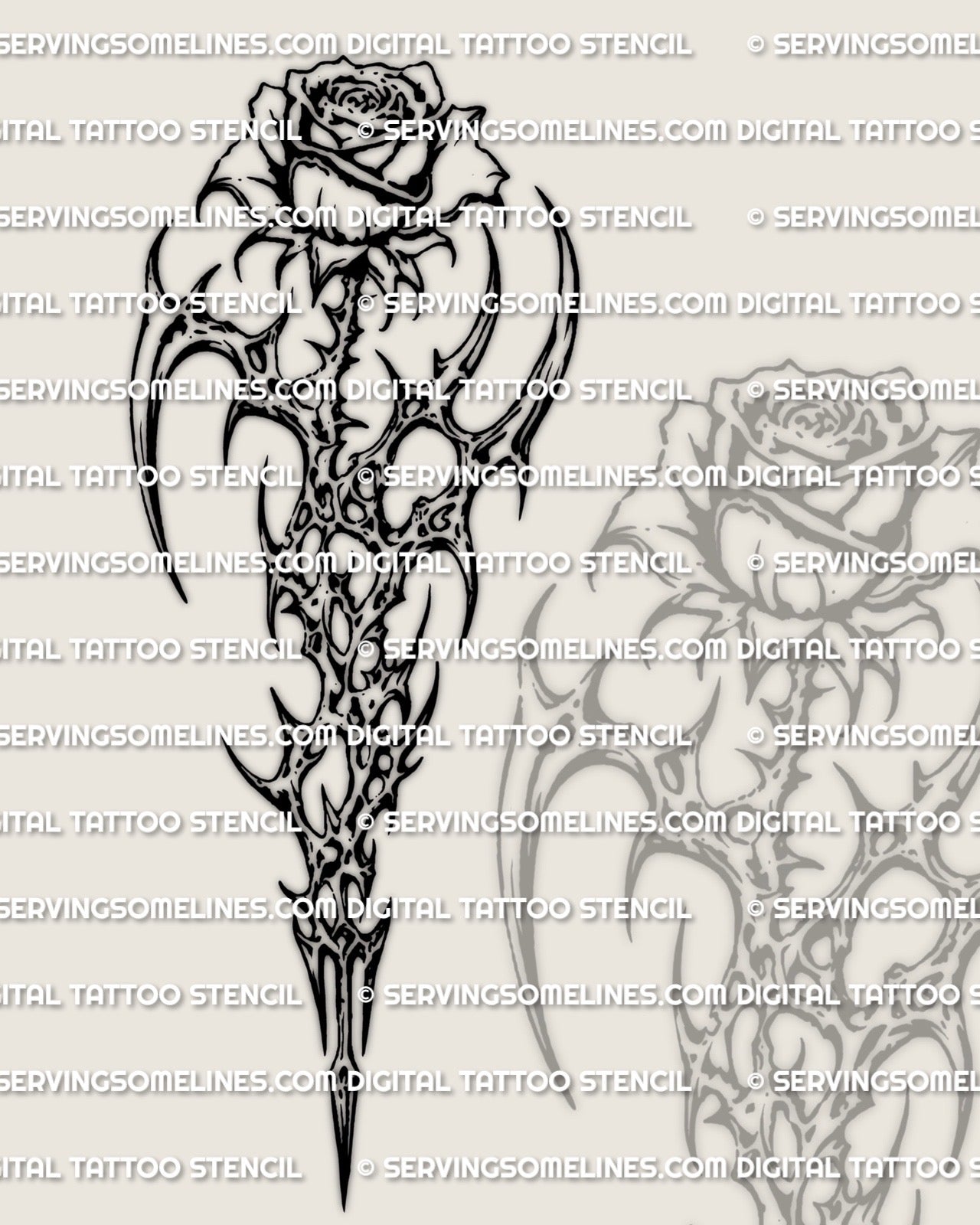 Standard cybersigilism rose tattoo stencil preview, larger size option with the same sharp silhouette.