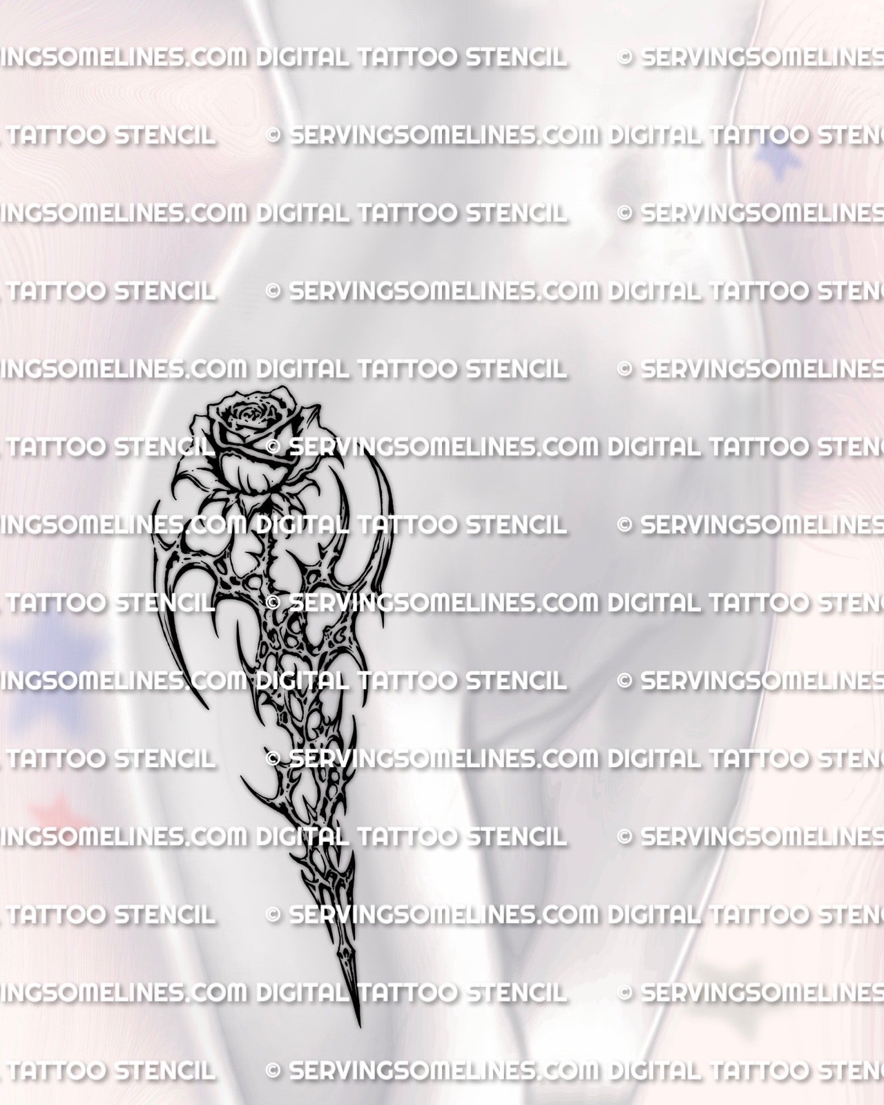 Cybersigilism rose tattoo stencil displayed on womens hip placement example, standard size shown.