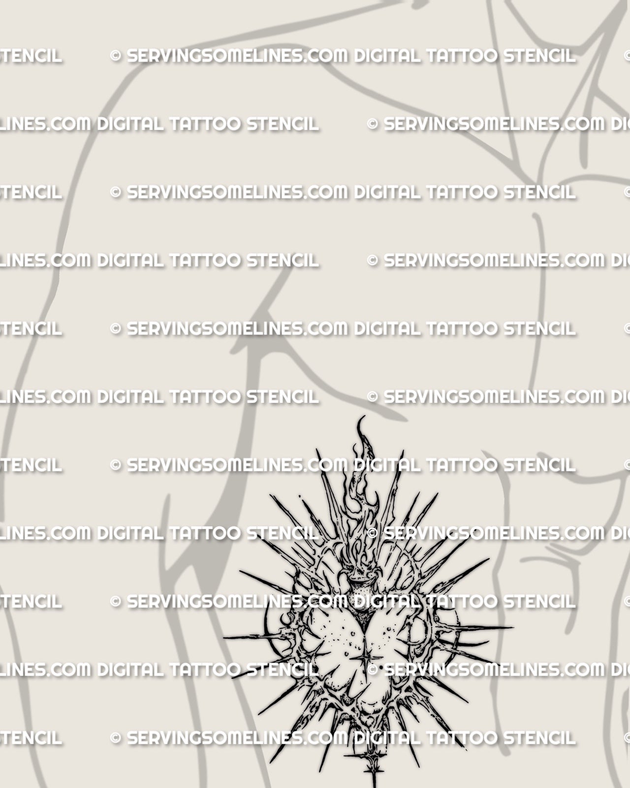 Cybersigilism sacred heart stencil shown on men’s side stomach placement preview, instant download files