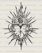 Cyber sigilism sacred heart tattoo stencil, spiked halo heart design, high-res printable files preview