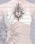 Cybersigilism sacred heart stencil displayed on women’s chest center placement preview, printable download