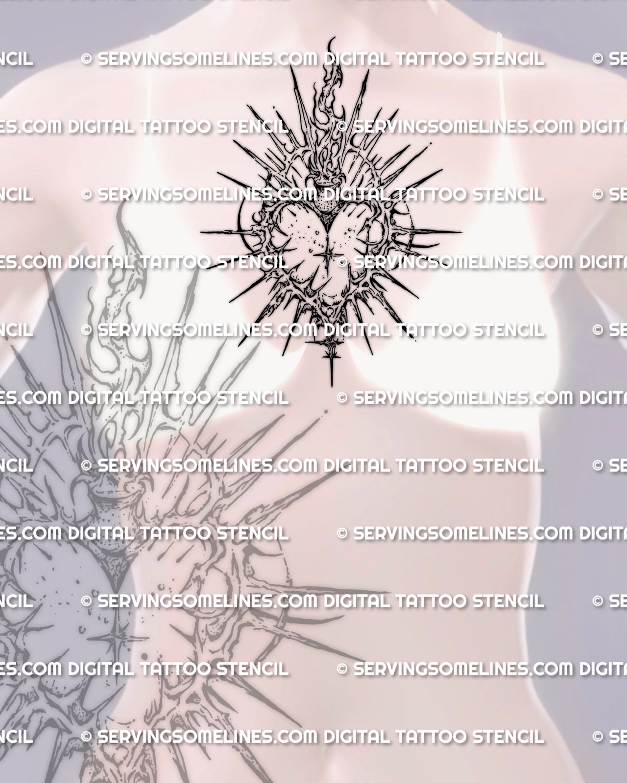 Cybersigilism sacred heart stencil displayed on women’s chest center placement preview, printable download