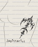 Cybersigilism Sagittarius arrow tattoo stencil download displayed as ribside design example, printable zodiac glyph stencil.