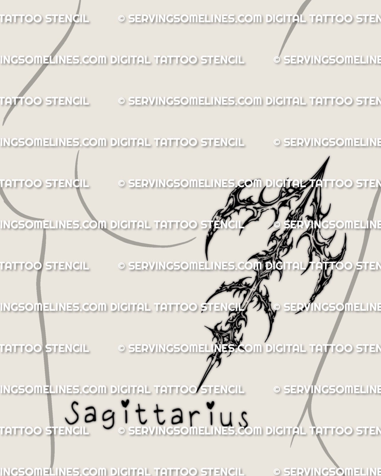 Cybersigilism Sagittarius arrow tattoo stencil download displayed as ribside design example, printable zodiac glyph stencil.